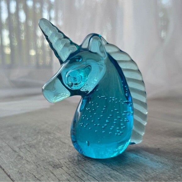 Blown Glass Unicorn Turquoise Clear Paperweight Gift Controlled Bubbles Vintage - Picture 1 of 8